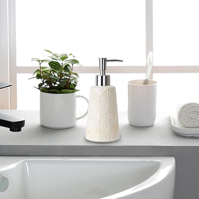 White Ceramic Hand Dish Soap Dispenser with Pump for Bathroom Kitchen Sink Countertop Modern Boho Decor