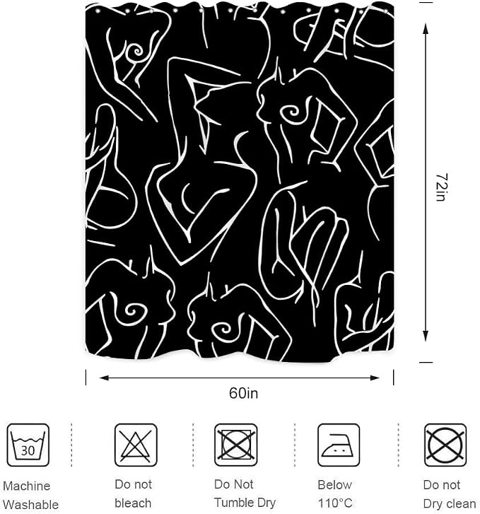 Black White Shower Curtain Abstract Woman Naked Nude Line Minimalist Sexy Girls Modern Art Decor Aesthetic Fabric for Home Bathroom Waterproof Fabric 72Lx60W Inch with Plastic 12PCS Hooks
