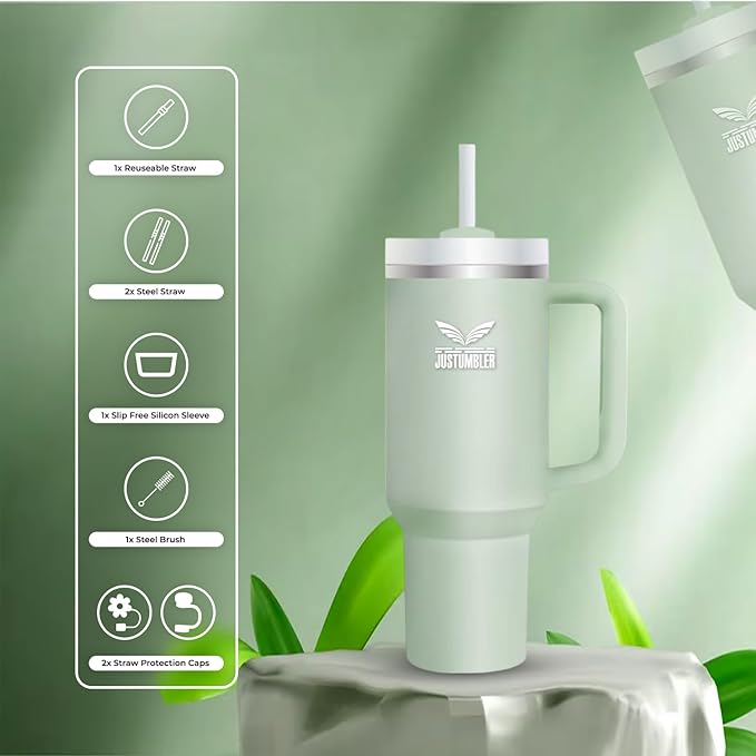 40 Oz Insulated Tumbler with Handle and Straw, Stainless Steel Coffee Travel Mug with Lid, Leak Proof Water Bottle with Accessories, Matcha Cream