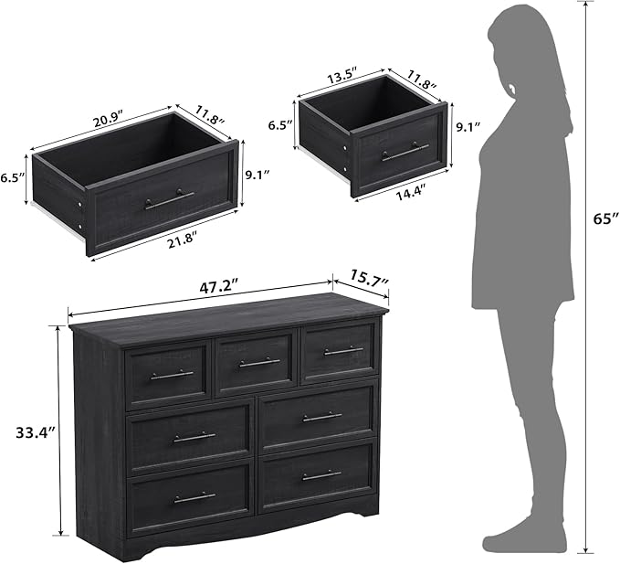 Black Dresser for Bedroom, Modern 7 Chest of Drawers, 47" Wide Chest of Drawers w/Brushed Metal Handle, Wood Closet Organizers and Storage Cabinet for Bedroom, Living Room, Hallway
