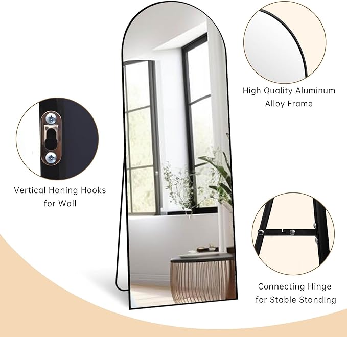 Dewfig Full Length Mirror, 71"*26" Arched Full Body Mirror with Stand, Large Floor Mirrors for Leaning or Hanging, Big Mirrors for Bedroom, Living Room,Dressing Room, Aluminum Alloy Frame, Black