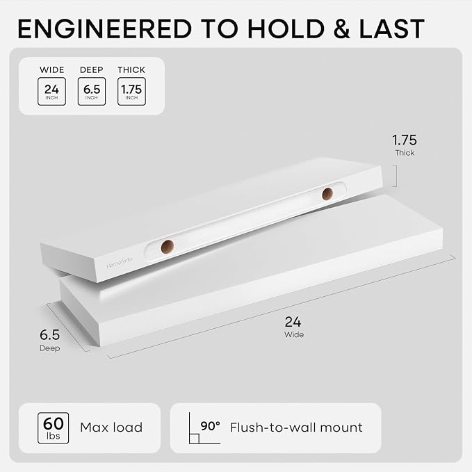 Homeforia White Floating Shelves 24 inch, High End Solid Real Wood 24inch Bathroom Floating Shelf for Wall Mounted, White Wooden 24in Floating Shelves, Heavy Duty Bracket, 24 X 6.5 X 1.75 in, Set of 2