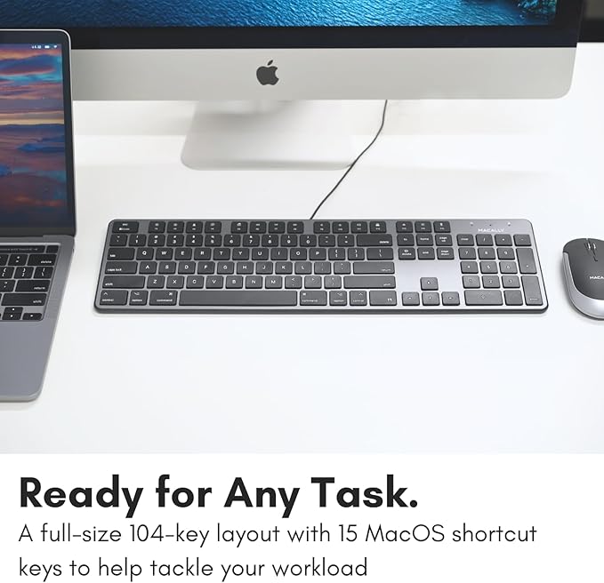 Macally Slim USB Wired Keyboard for Mac - Compatible Full Size Apple Keyboard with 104 Key Layout & 16 Shortcut Keys - Scissor Keycaps for Tactile Typing for Mac mini, MacBook Pro/Air, iMac