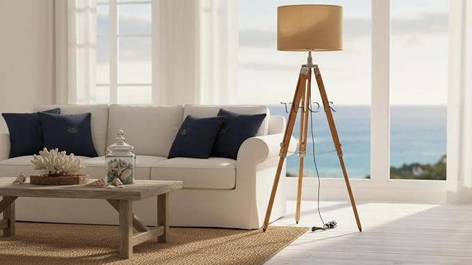 THOR INSTRUMENTS Vintage Classic Teak Wood Tripod Floor Lamp Nautical Floor Shade lamp Home Decor (Shade is Not Included) Rustic Vintage Home Decor Gifts
