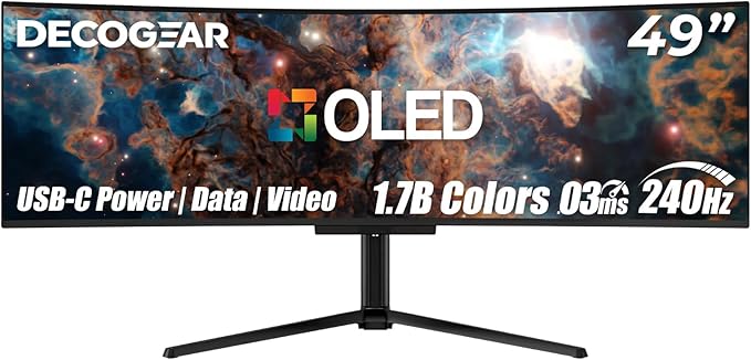 Deco Gear 49" QD-OLED 240Hz Curved Ultrawide Gaming Monitor - 5120×1440 DQHD, 32:9 Dual-QHD Display, 0.03 ms Response, HDR400 True Black, 90W USB-C, KVM, Adaptive Sync, RGB Lighting