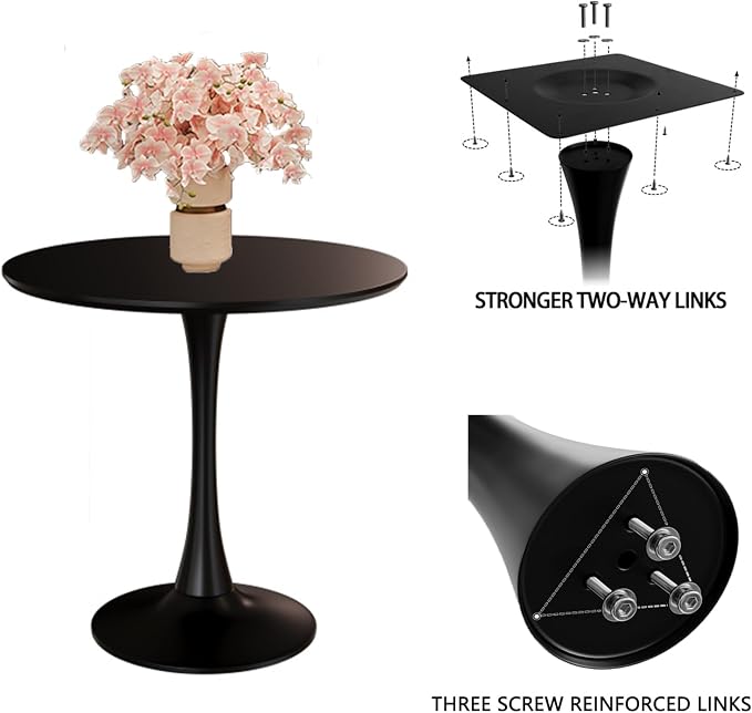 24" Tulip Table for 1-2 Persons Modern Round Dining Room Table, Mid-Century Modern Black Small Kitchen Table with MDF Wooden Top, Leisure Coffee Table for Living Room, Dining Room, Office