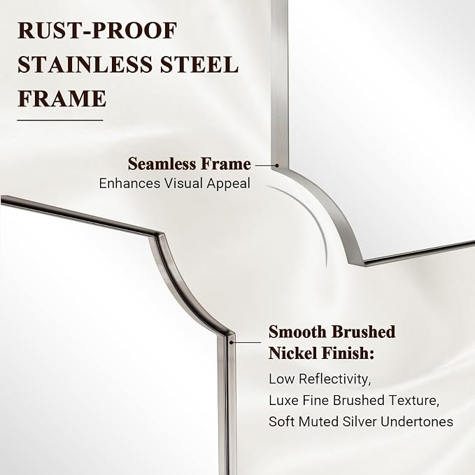ANDY STAR 20x30 Inch Scalloped Mirror, Brushed Nickel Bathroom Mirror for Over Sink, Vanity Mirror with Scalloped Corners Design, Rustproof Stainless Steel Thin Frame, Ideal for Narrow Space Remodel
