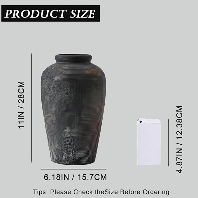 Large Ceramic Vase, 11 inch Minimalist Vase for Home Decor, Handmade Farmhouse Flower Vase for Table Centerpiece, Wedding, Living Room, Kitchen Decoration, Shelf Decor (Black)