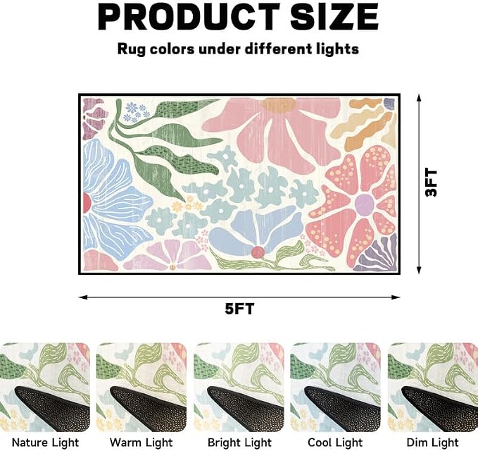Floral Area Rug Modern Abstract Rug Pastel Flower Print Carpet Colorful Bohemian Plant Rugs for Entryway Bedroom Living Room Nursery Kitchen Playroom Home Decor,3'x5'