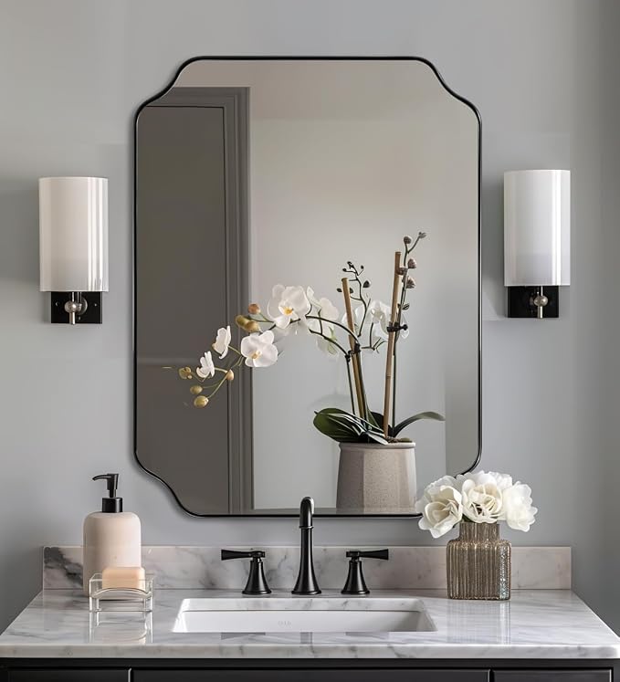 ANDY STAR Unique Rectangle Wall Mirror, 24"x32" Black Mirror, Modern Mirror with Aesthetic Scalloped Edge Design Ideal for Bathroom, Bedroom or Entryway, Thin Frame Deep 1’’
