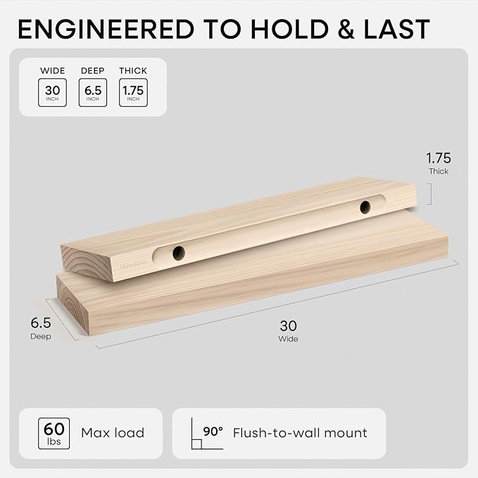 Homeforia 30 inch Wood Floating Shelves, High End Solid Natural Wood 30inch Floating Shelf for Wall, Unfinished Wooden 30 inches Floating Shelves, Heavy Duty Bracket, 30 X 6.5 X 1.75 in, Set of 2