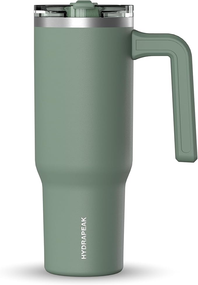 Hydrapeak Voyager 32 oz Tumbler with Handle and Straw Lid | Reusable Stainless Steel Water Bottle Travel Mug Cupholder Friendly | Insulated Cup (Sage Leaf)