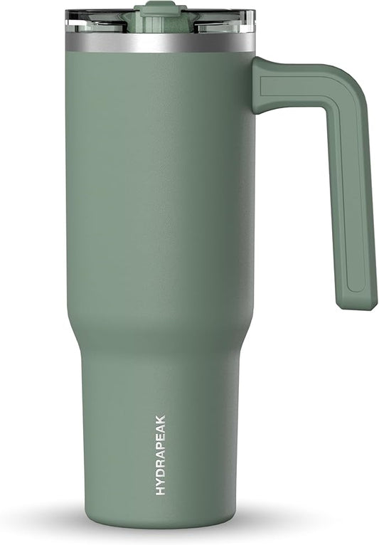Hydrapeak Voyager 32 oz Tumbler with Handle and Straw Lid | Reusable Stainless Steel Water Bottle Travel Mug Cupholder Friendly | Insulated Cup (Sage Leaf)