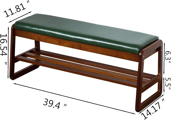 SOBIBO Solid Wood Shoe Bench, 2-Tier Entryway Bench with Cushion and Flip-Open Storage Box, Mid-Century Modern Shoe Bench Rack for Hallway, Mudroom(Green, 39.4'')