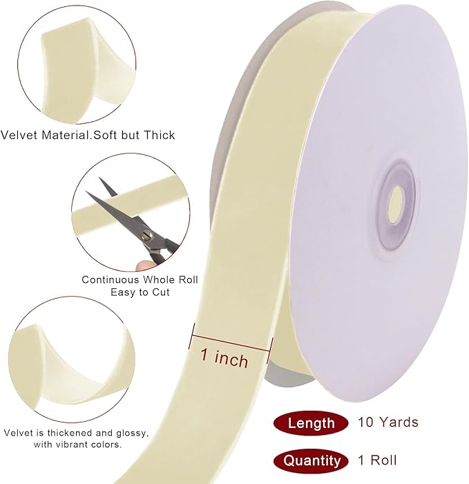 10 Yards Cream Velvet Ribbon 1 Inch for Christmas Tree,Ivory Velvet Christmas Ribbon for Gift Wrapping Crafts Bow Wreath Holiday Decorations (Cream)