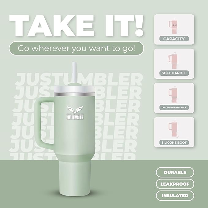 40 Oz Insulated Tumbler with Handle and Straw, Stainless Steel Coffee Travel Mug with Lid, Leak Proof Water Bottle with Accessories, Matcha Cream