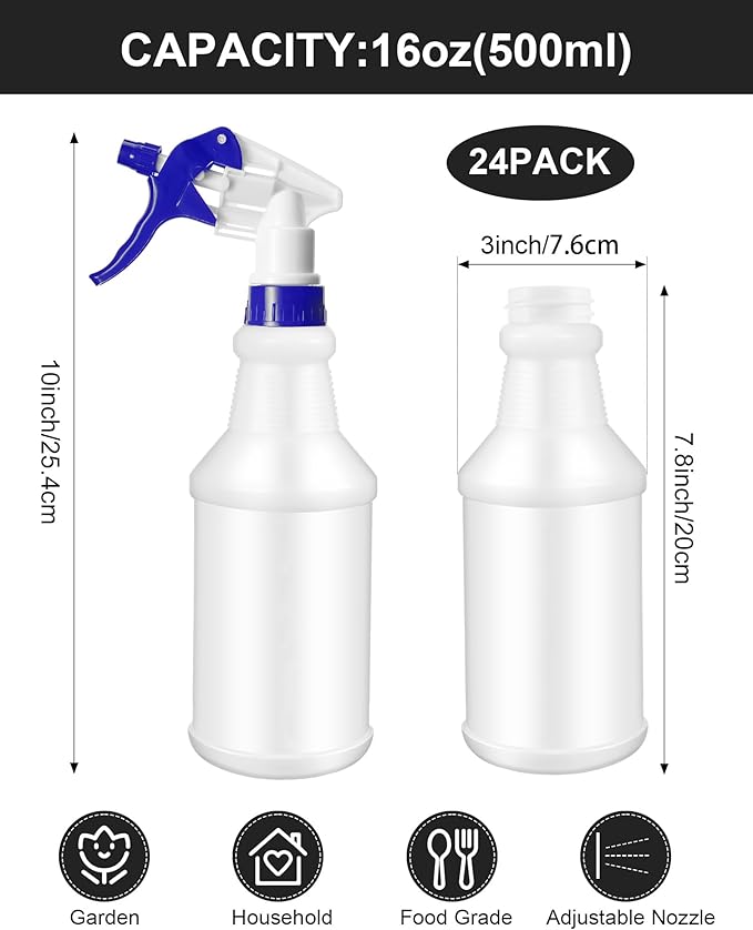 Rtteri 24 Pcs 16 Oz Plastic Spray Bottle for Cleaning Solutions Bulk Empty and Reusable Leak Proof Spraying Bottles for Cleaning, Water, Auto Details, Commercial, Bathroom(Dark Blue, White)