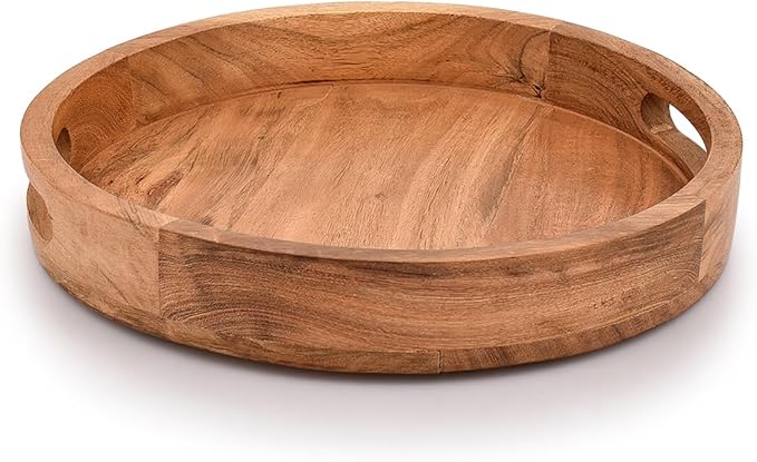 Samhita Round Serving Acacia Wooden Tray with Handles for Serving Beverages & Food on Bar Living Room Home Dining Table (12" x 12" x 1.6")