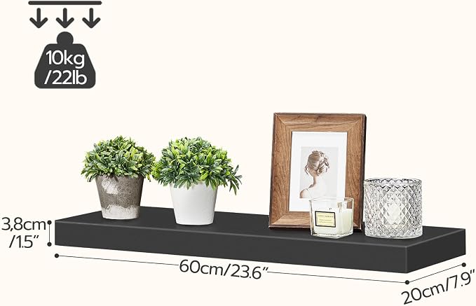 HOOBRO Floating Shelves for Wall, Wall Mounted Shelf Set of 2, 23.6" Hanging Shelf with Invisible Brackets, for Wall Decor Storage in Bathroom Bedroom Kitchen Living Room Office, Black BK60BJ01