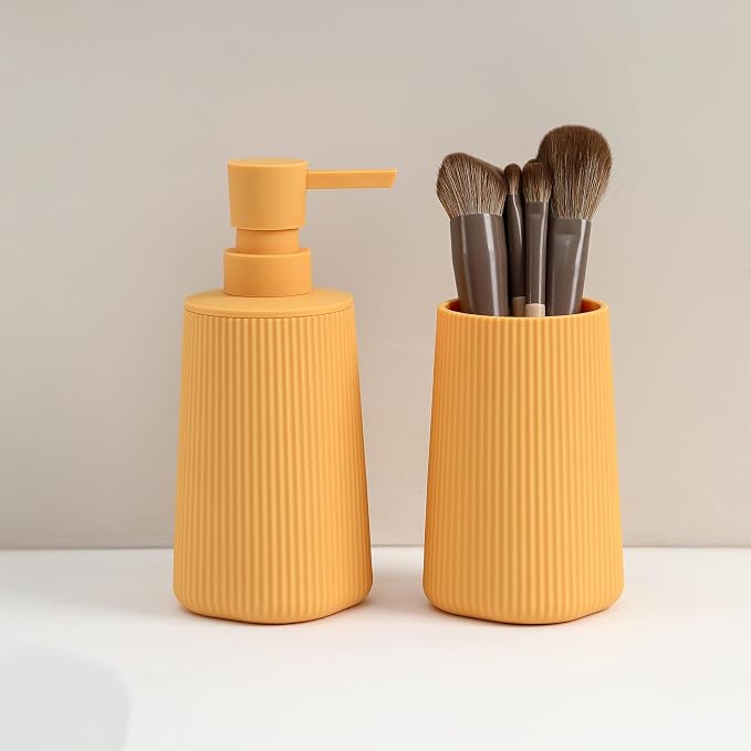 YAUKPH Bathroom Accessories Set 2 Piece Soap Dispenser and Toothbrush Holder for Bathroom Countertop Striped Yellow