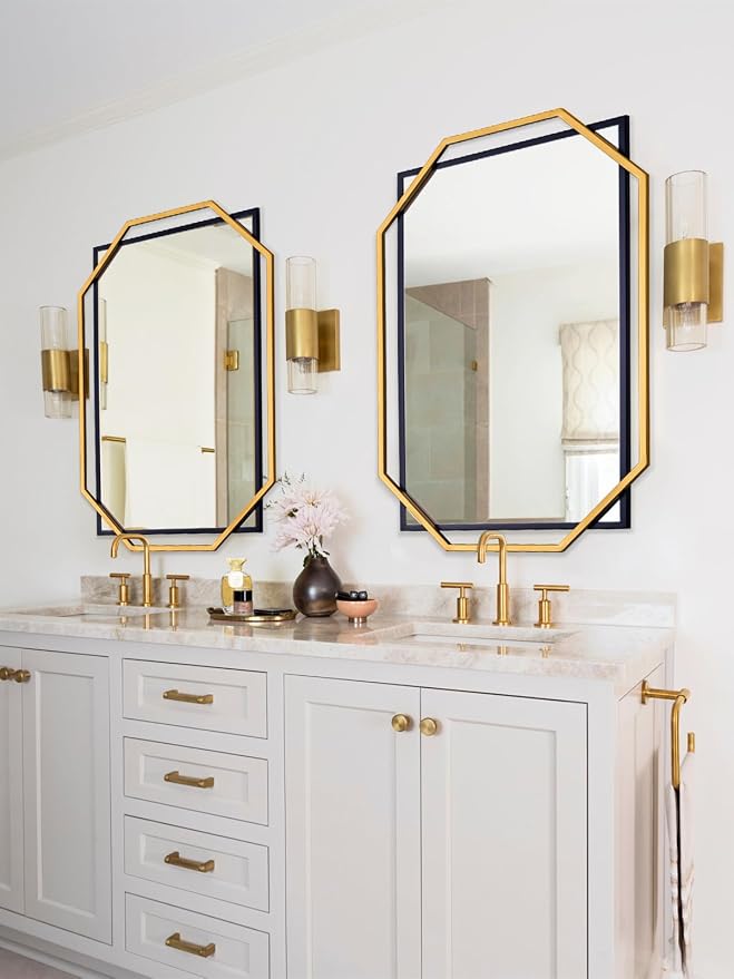 Bathroom Mirror, 40" x 28" Decorative Wall Mirror for Wall, Black and Gold Frame, Modern Metal Octagonal, for Living Room, Dining Room, Entryway