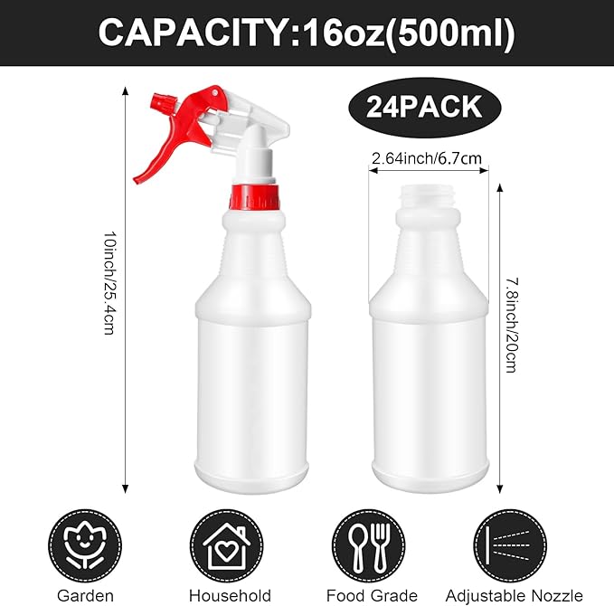 Rtteri 24 Pcs 16 Oz Plastic Spray Bottle for Cleaning Solutions Bulk Empty and Reusable Leak Proof Spraying Bottles for Cleaning, Water, Auto Details, Commercial, Bathroom(Multi Color)