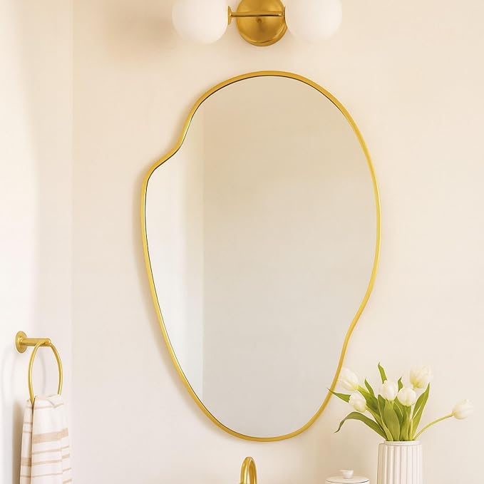 TOMACE Brushed Gold Asymmetrical Irregular Wall Mirror,22''x 34'' Unique Brass Frame Wall Mounted Mirror for Bathroom,Entryway,Nursery