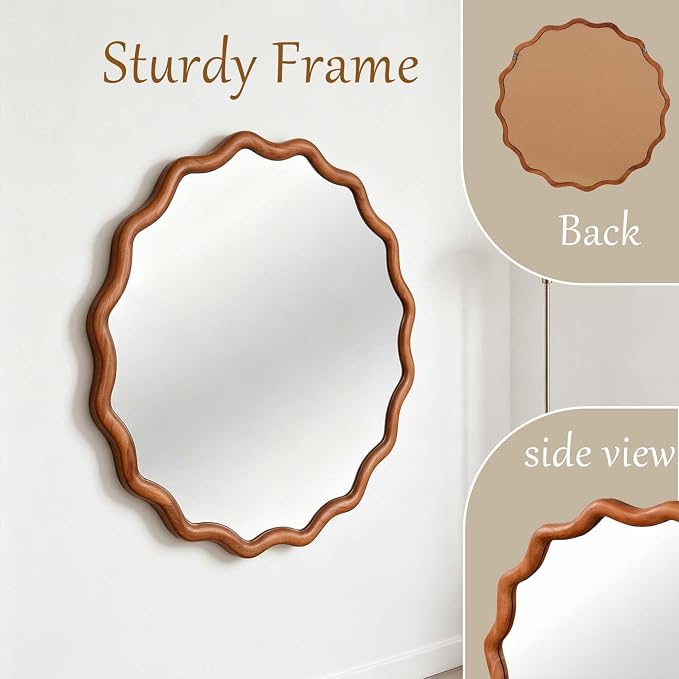 24" Wavy Edge Round Mirror, Solid Wood Framed Wall Decor with Clear Reflection for Bathroom, Bedroom, Living Room & Entryway (Yellowish-Brown)