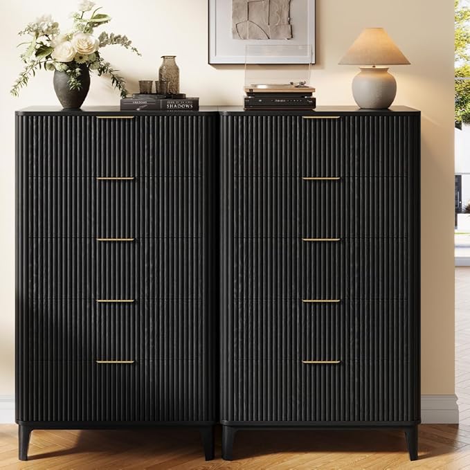 Fluted 5 Drawers Dresser for Bedroom, 45" Modern Tall Chest of Drawers with Wood Grain, Farmhouse Wooden Vertical Dresser, Curved Profile Design, Wood Drawer Organizer for Closet, Hallway Black