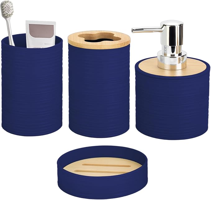 4 Pieces Bamboo Bathroom Accessories Set, Bathroom Accessory Set with Soap Dispenser and Toothbrush Holder, Soap Dish and Toothbrush Cup, Boho Bathroom Décor(Navy Blue)