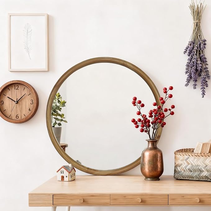 Elountik 35.43 Inch Round Wall Mirror with Natural Wood Frame for Bathroom, Bedroom, Entryway, Mid-Century Modern Decorative Circle Mirror