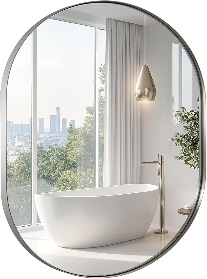 ANDY STAR Chrome Oval Mirror, 30x36'' Oval Mirror Pill-Shaped Design in Stainless Steel Metal Frame for Bathroom, Entryway, Living Room, Contemporary 1" Deep Wall Mount Vertical/Horizontal