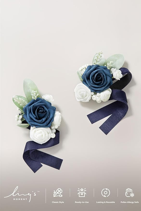Ling's moment 2pcs Prom Wrist Corsage Artificial Flowers, Girl/Mother Corsages Wristlet Décor for Homecoming/Wedding/Anniversary, etc. Navy Blue