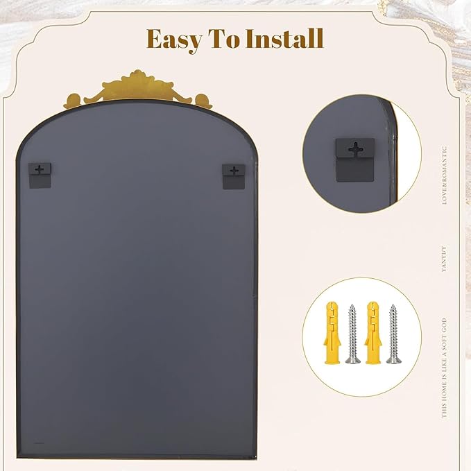 Dewfig Antique Arched Wall Mirror, 24"x36" Vintage Bronze Bathroom Mirror - Baroque Metal Frame Brass Mirror for Living Room, Bathroom, Fireplace, Entryway, Bronze