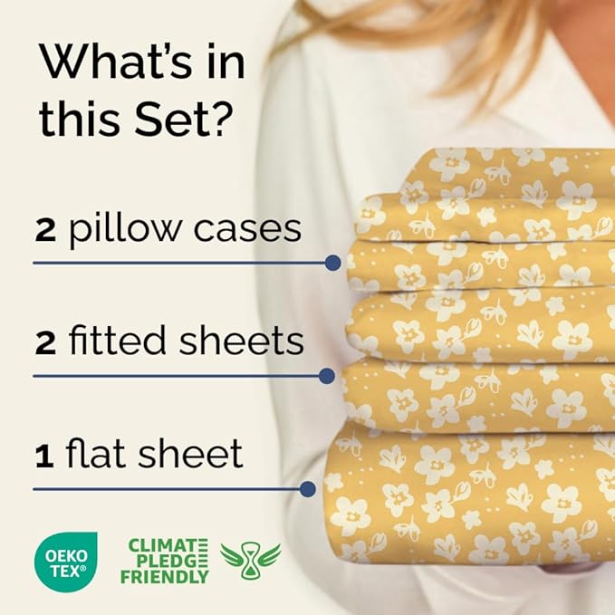 Floral Sheets - Yellow Floral Bed Sheet Set - 1 Flat, 2 Fitted & 2 Pillowcases w/ Deep Pockets - Wrinkle & Fade Free - Boho Botanical Bedding - Ultra-Soft, Breathable & Cooling - Split King Size Set