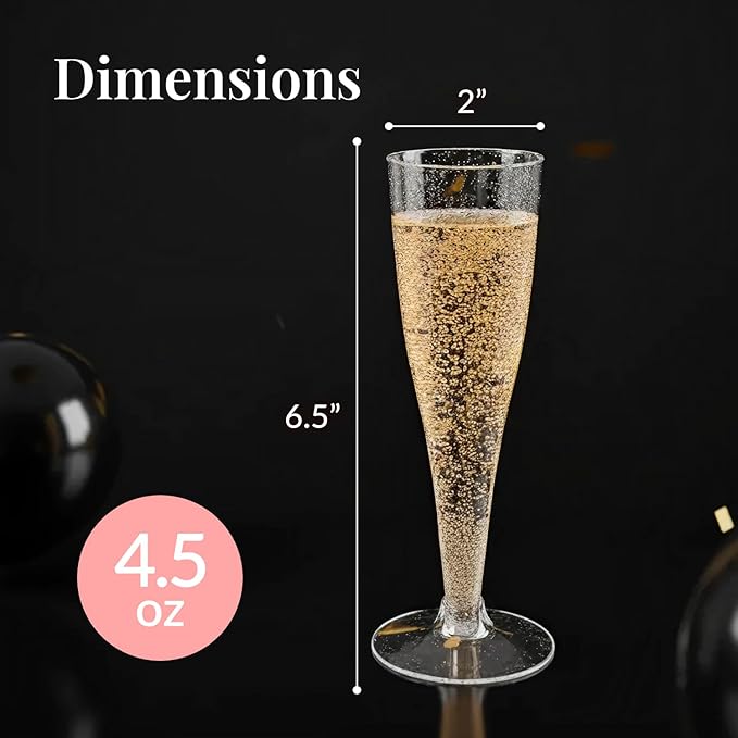Prestee 200 Disposable Champagne Flutes Plastic 200 Pack - Silver Glitter Champagne Flutes for Weddings, Parties, and New Year’s Eve - 4.5 Oz Plastic Silver Party Glasses