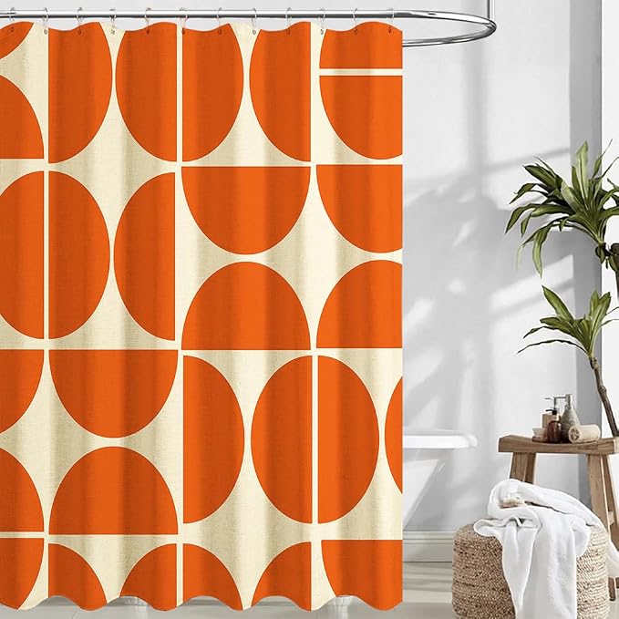 Orange Linen Shower Curtain Sets,Mid Century Bath Curtain,Modern Abstract Geometric Art Bath Curtain for Bathroom with 12 Hooks, 72 x 72 Inches