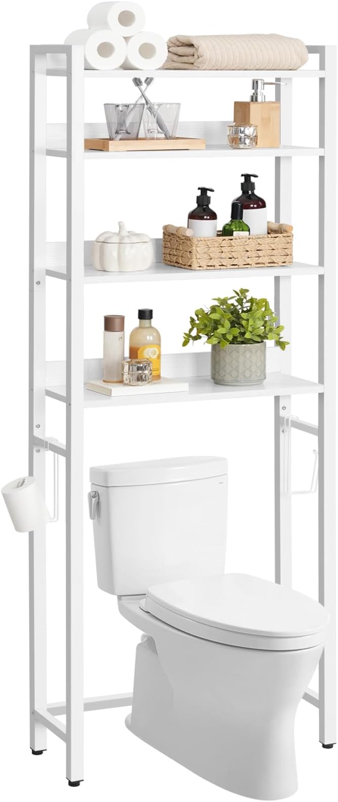 MAHANCRIS Over The Toilet Storage Rack, 4 Tier Bathroom Organizer Over Toilet, Freestanding Space Saver Toilet Stand with 2 Hooks, Bathroom Storage Shelf, Easy to Assemble, White TSBW0401