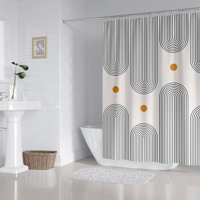 Mid Century Shower Curtain Boho Minimalist Abstract Arch Sun Simple Lines Geometric Modern Beige Bathroom Decor Waterproof Fabric 72Lx72W Inch with 12pcs Plastic Hooks