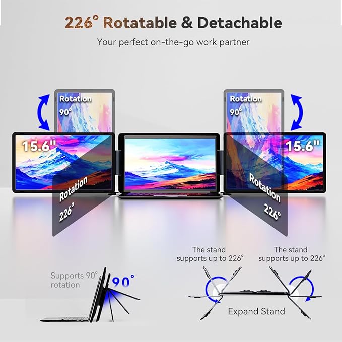 FQQ 15.6" Detachable Laptop Screen Extender, FHD 1080P IPS Dual/Triple Portable Monitor for Laptop, USB-C/HDMI Plug & Play, Multi/Extra Travel Display Computer Monitor for 12-18.5" Win/Mac/Android-S9H