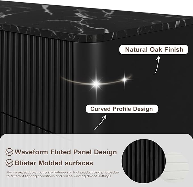 Fluted 6 Drawers Dresser for Bedroom,52" Wide Handleless Chest of Drawers with Faux Marble Top, Wooden Dresser TV Stand, Wood Drawer Organizer for Living Room, Hallway, Black