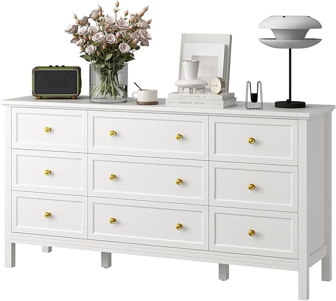 White 9 Drawers Dresser for Bedroom, 59'' Large Wood Dresser with Gold Handles, Modern Wide Chest of Storage Drawers for Hallway, Living Room