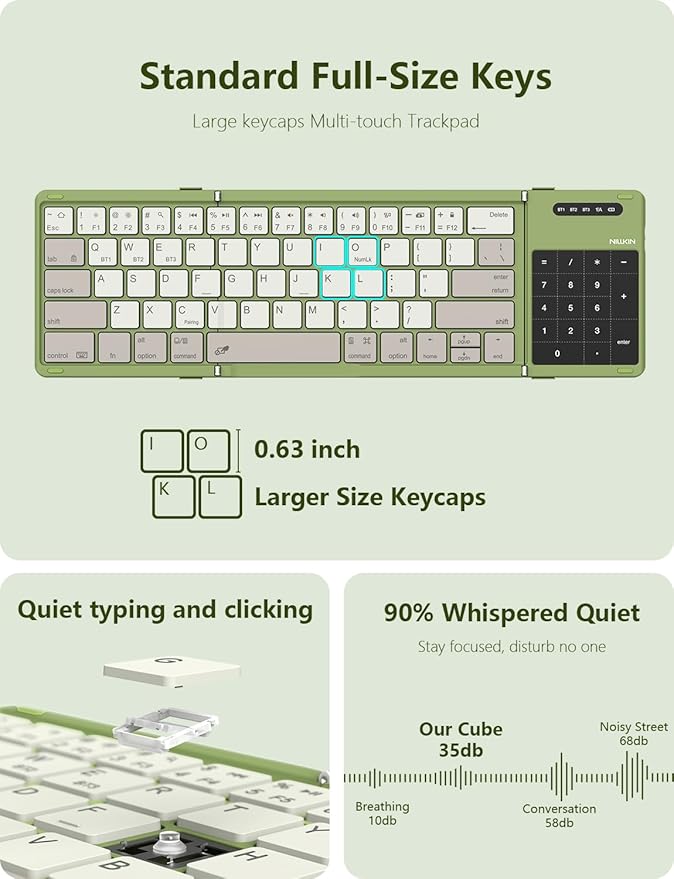 Nillkin Foldable Bluetooth Keyboard with Touchpad & Number Pad, Portable Bluetooth Keyboard with Full Size Keys, Pocket-Sized Wireless Travel Keyboards for iPad, Smartphone, Tablet and Laptop Green