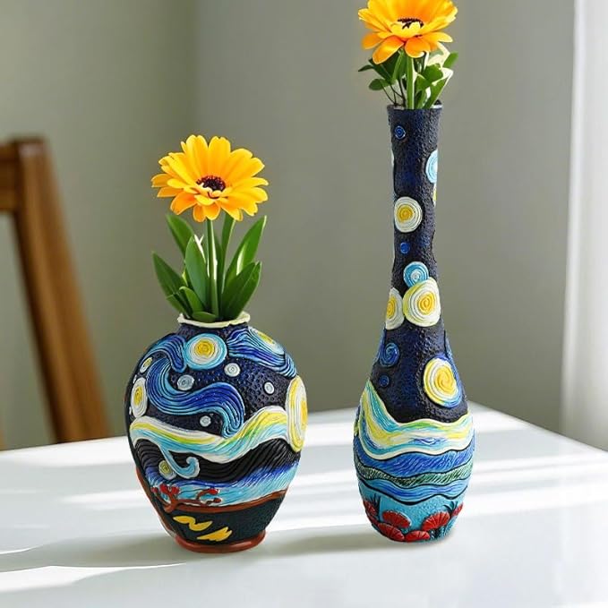 Starry Night Vase Plant Pot,Van Gogh Inspired Resin Flower Pot - Abstract Rainbow Planter with Artistic Brushstroke Design Stylish Art Flower Pot Unique Home Decor for Plants (2pcs)