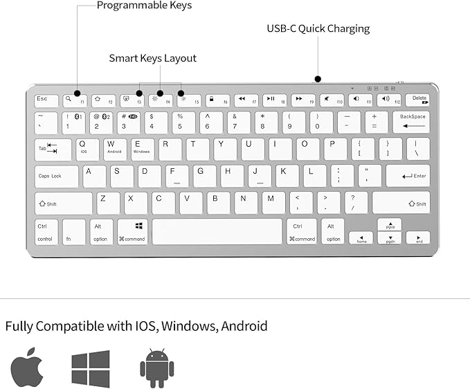 JKSML Wireless Keyboard with 78 Keys, Bluetooth and 2.4 GHz Wireless, Low Profile, Fluid Quiet Typing, 12 Programmable Keys, USB C Rechargeable, for Phone, Tablet, PC, Laptop, Smart TV - White