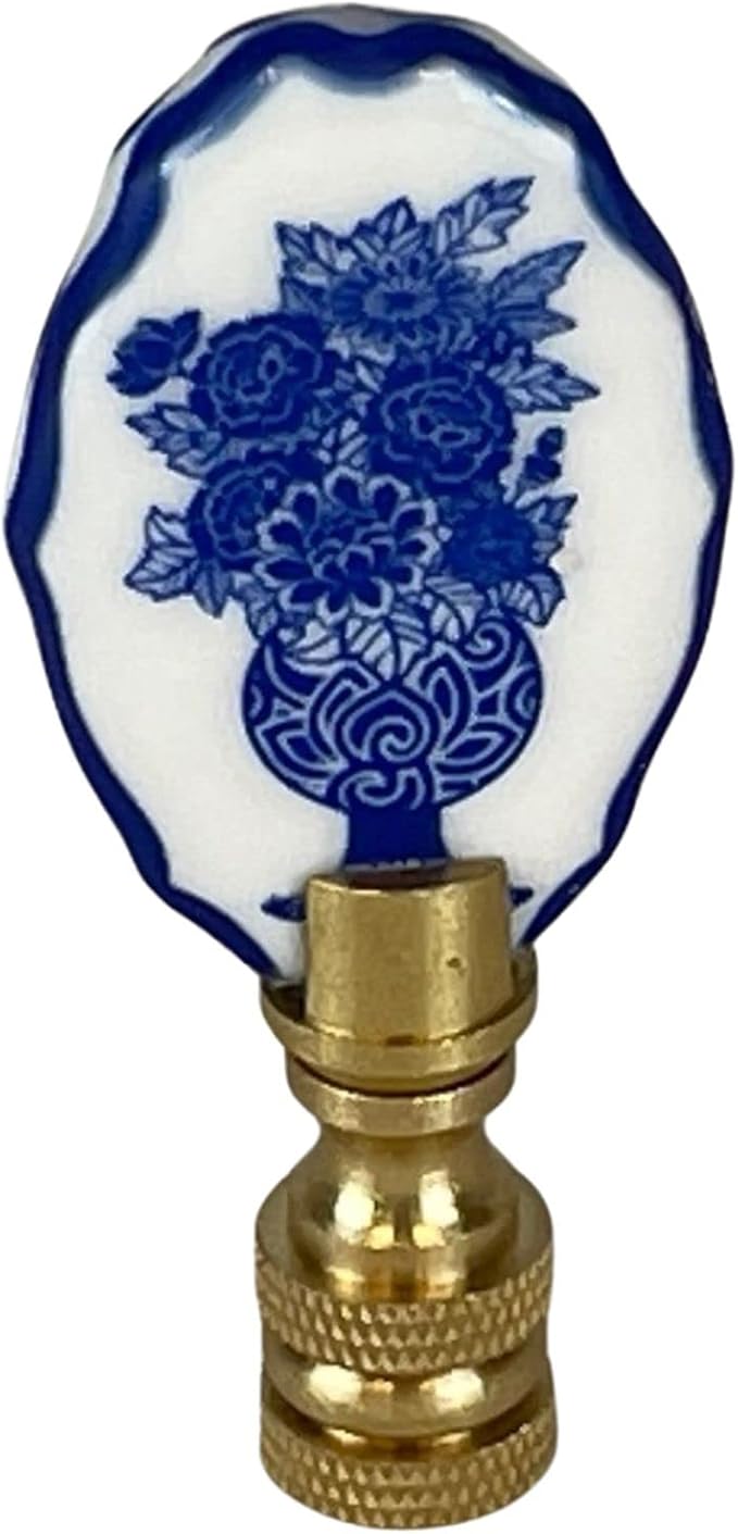 Royal Designs, Inc. Blue & White Porcelain Oval Flowers Vase Design Finial for Lamp Shade, Polished Brass