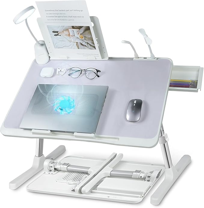 Laptop Lap Desk with Cooling Fan - Adjustable with Light, USB, Storage Drawer - Folding Bed Desk,22.04"*12.59",Grey