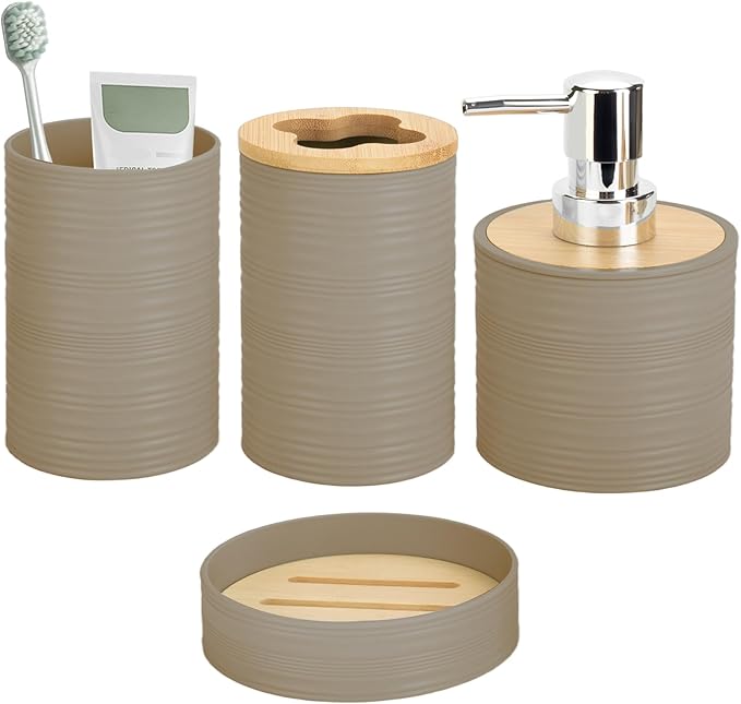 4 Pieces Bamboo Bathroom Accessories Set, Bathroom Accessory Set with Soap Dispenser and Toothbrush Holder, Soap Dish and Toothbrush Cup, Boho Bathroom Decor(Beige)