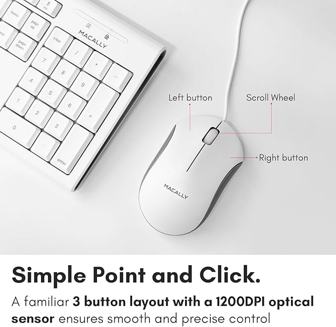 Macally Full Size USB Wired Mac Keyboard and Mouse Combo - Compatible Ergonomic Apple Keyboard and Mouse with Shortcuts and Number Keypad for Mac mini Pro, iMac Computer, MacBook Pro Air Laptops