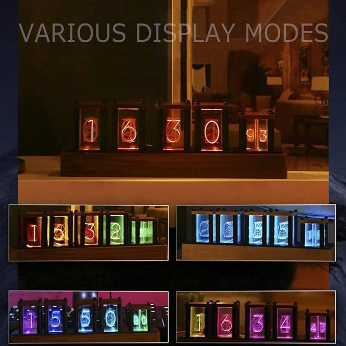Adventurers Digital Tube Desk Clock Retro Modern Wooden Clock 1600 Colors RGB Full-Color LED Digital Clock Digital Tube DIY Desk Clock Interior (Black Walnut)